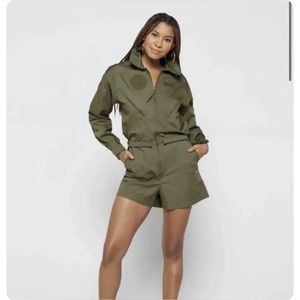 GOOD AMERICAN Womens Flight Suit Romper Military Fern Green NWT M